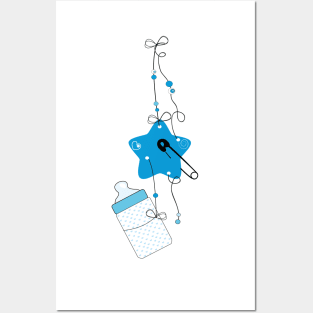 Hanging blue baby bottle, safety pin, star baby arrival Posters and Art